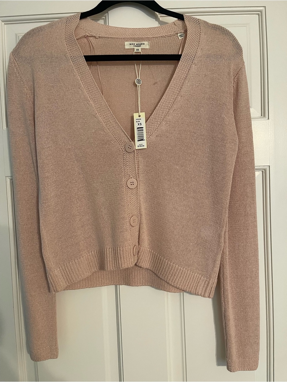 Max Studio Blush Pink Cropped V-Neck Button Cardigan